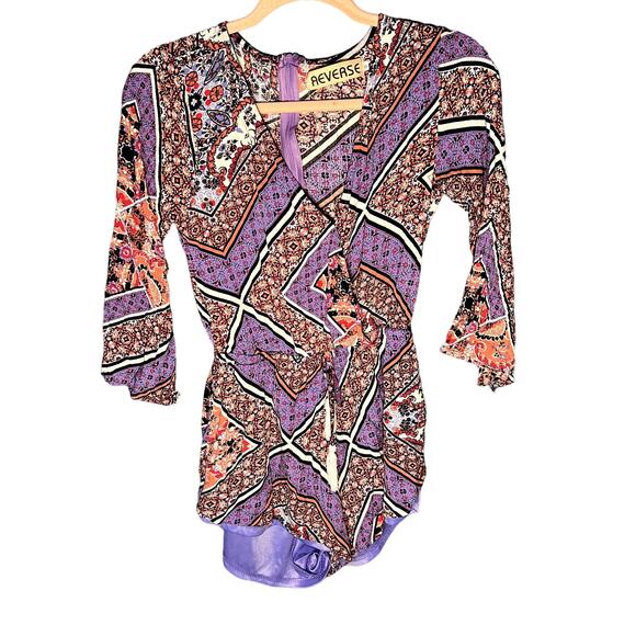 Reverse Pink and Blue Floral Romper Size Small Bell Sleeves V Neck - Picture 1 of 7